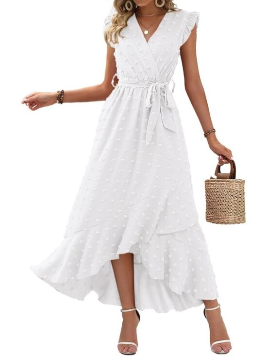 Dresses & Skirts - Women's White Swiss Dot Cap Sleeve V Neck Tie Waist Imported Causal Maxi Dress